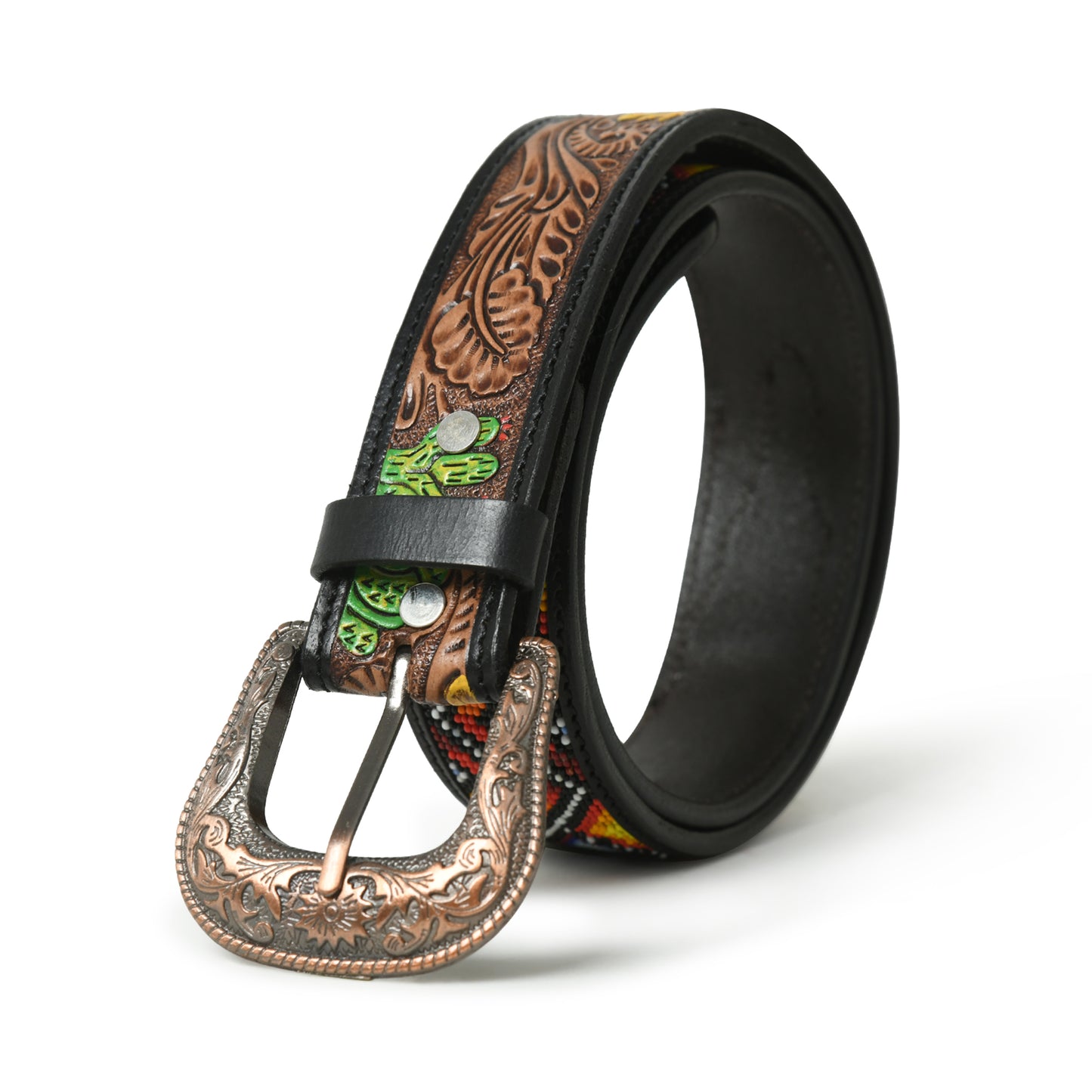Aztec Pattern Leather Belt - Handcrafted Western Style with Decorative Detailing
