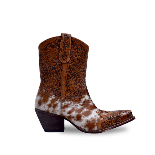 Women's brown and white cowhide tooled western ankle boots, view 2 of 6