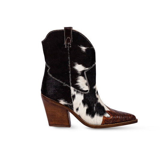 Women's black and white cowhide western ankle boots, view 2 of 4