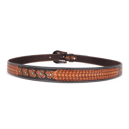 Brown tooled leather belt with turquoise accents, view 2 of 3