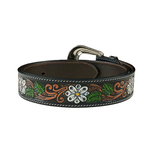 Hand-tooled floral leather belt with silver daisy conchos, view 2 of 4