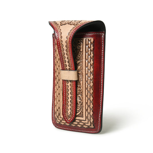 Burgundy floral tooled leather phone holster for belt, view 2 of 6