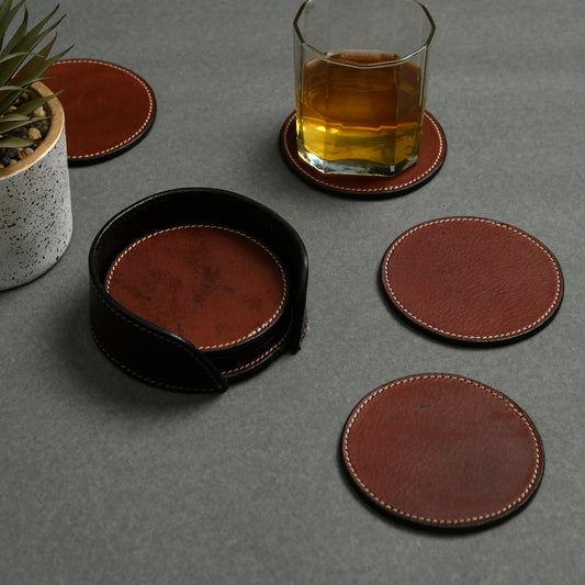Round genuine leather coaster set with holder, view 2 of 8