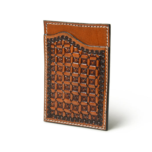 Cognac geometric tooled leather card holder, view 2 of 3