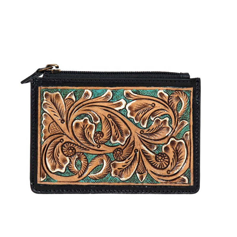 Black floral tooled zip card holder with ID window, wholesale from The Hide Leather
