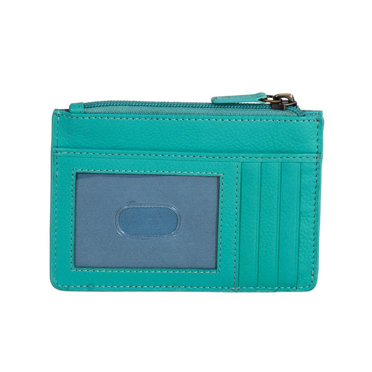 Turquoise floral tooled zip card holder with ID window, view 2 of 2