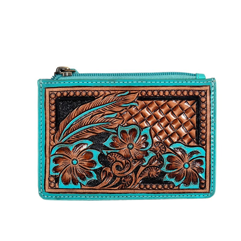 Turquoise floral tooled zip card holder with ID window, wholesale from The Hide Leather