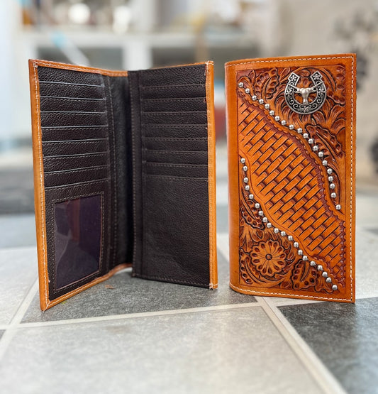 Women's tan horseshoe tooled western long wallet, view 2 of 4