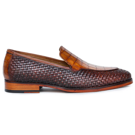 Men's two-tone woven and croc-embossed leather loafers, view 2 of 4