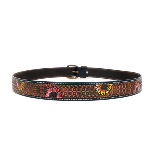Hand-painted floral tooled leather belt in brown, view 2 of 3