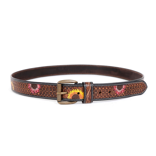 Hand-painted floral tooled leather belt in brown, wholesale from The Hide Leather