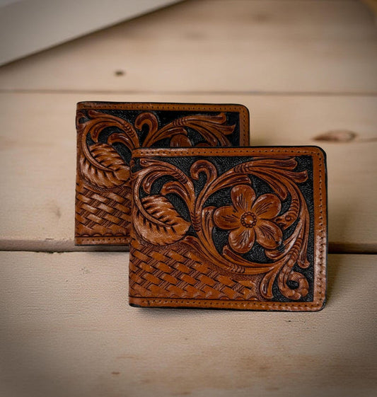 Hand-tooled floral bifold leather wallet, view 2 of 6