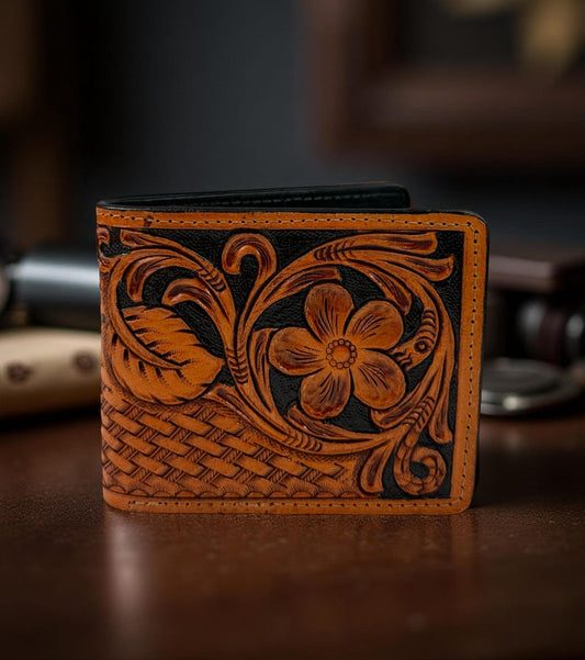 Hand-tooled floral bifold leather wallet, wholesale from The Hide Leather