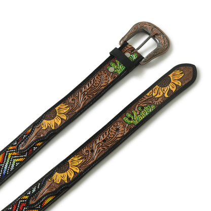 Aztec Pattern Leather Belt - Handcrafted Western Style with Decorative Detailing