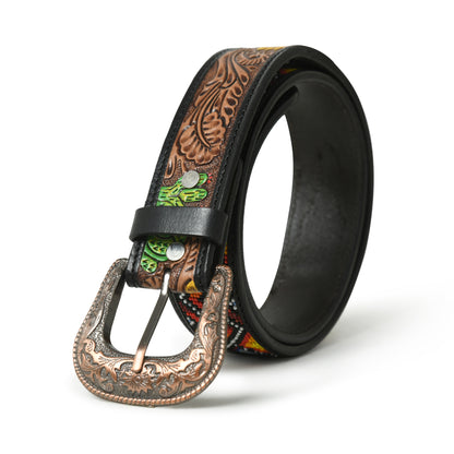 Aztec Pattern Leather Belt - Handcrafted Western Style with Decorative Detailing