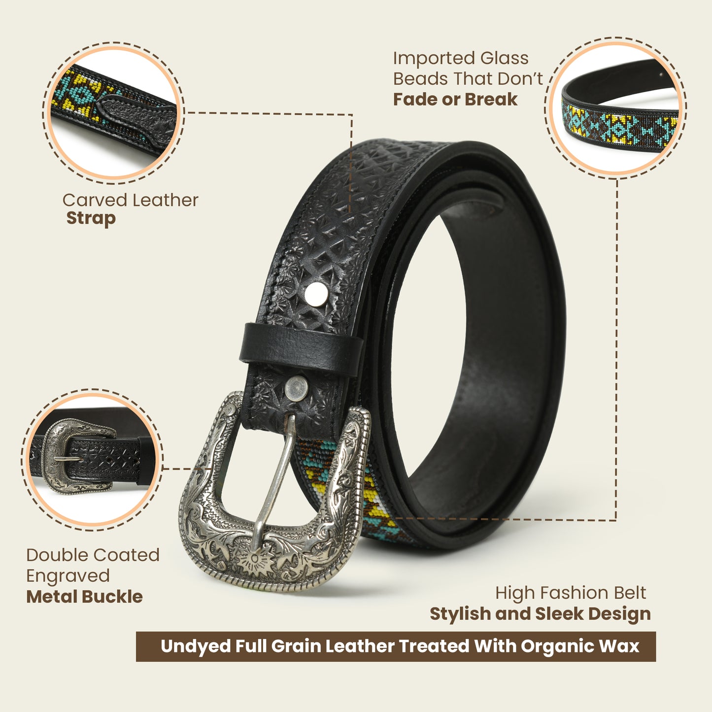 Beaded Leather Belt - Handcrafted Western Style with Decorative Beadwork