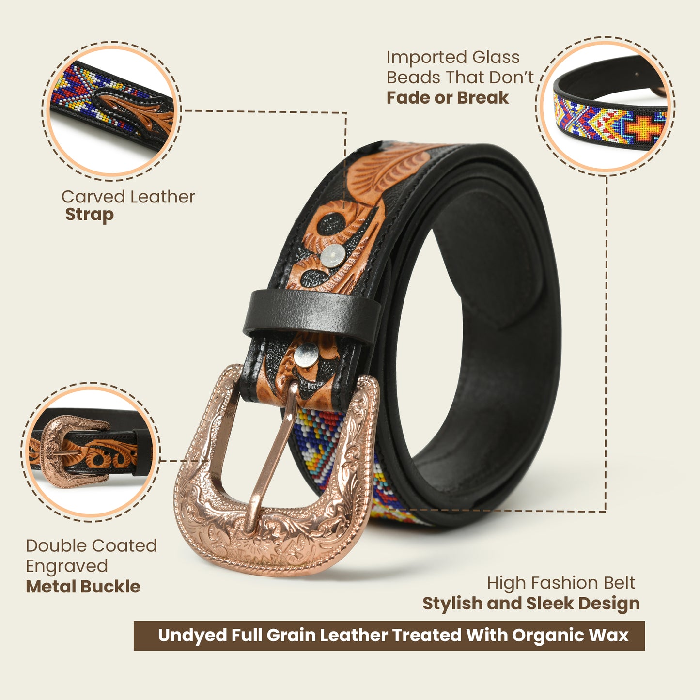 Premium Beaded Leather Belt - Handcrafted Western Style