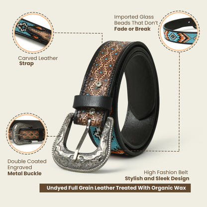 Handcrafted Beaded Leather Belt - Western Decorative Design