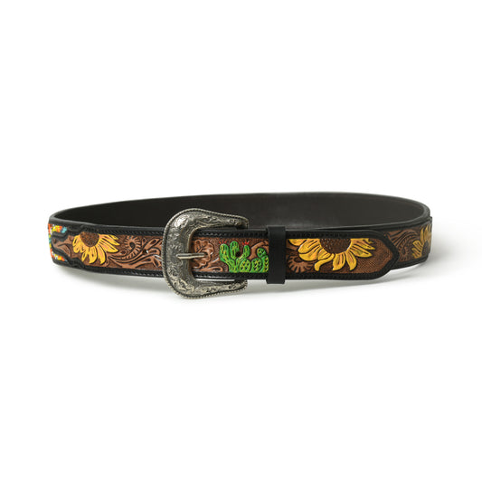 Sunflower beaded inlay western leather belt, wholesale from The Hide Leather