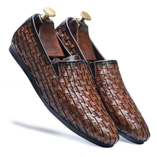 Men's brown woven leather slip-on loafers, wholesale from The Hide Leather