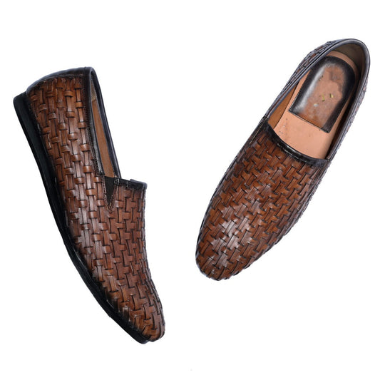Men's brown woven leather slip-on loafers, view 2 of 5