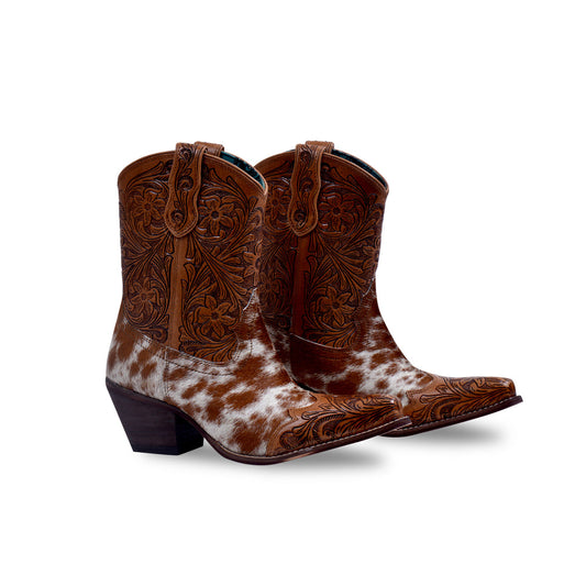 Women's brown and white cowhide tooled western ankle boots, wholesale from The Hide Leather
