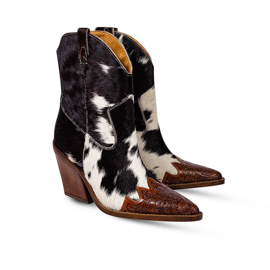 Women's black and white cowhide western ankle boots, wholesale from The Hide Leather