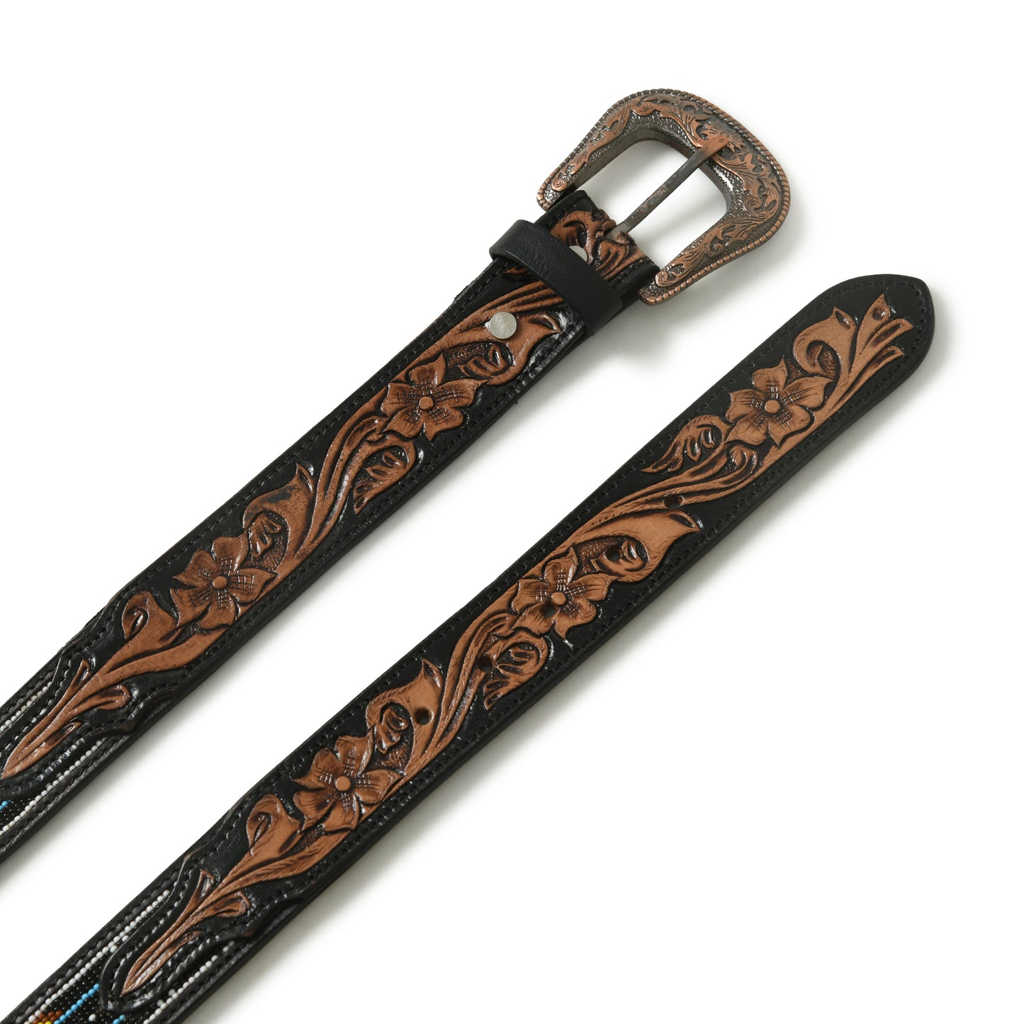 Decorative Beaded Leather Belt - Handcrafted Western Design