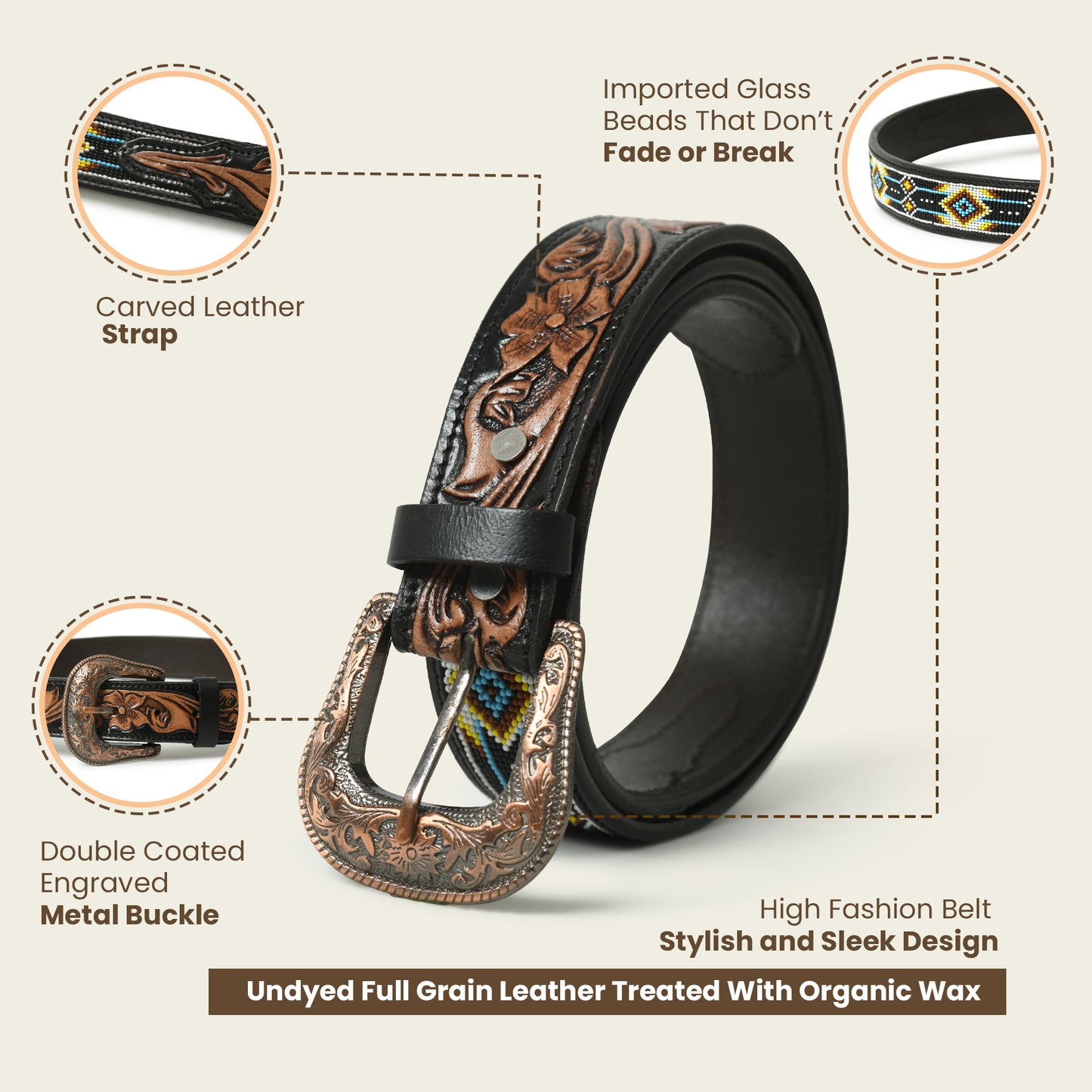 Decorative Beaded Leather Belt - Handcrafted Western Design