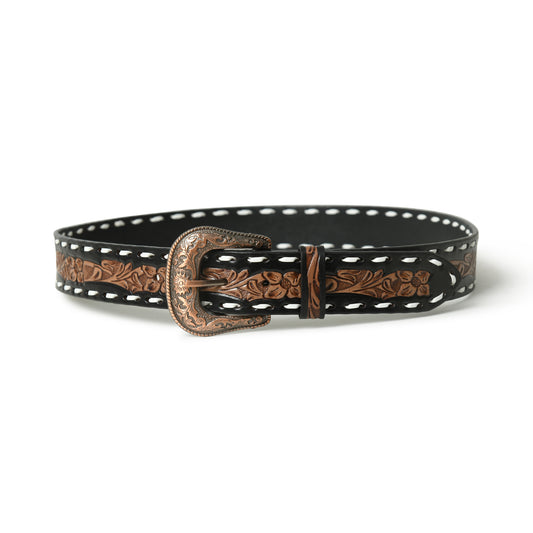 Black floral tooled leather belt with white buckstitch, wholesale from The Hide Leather