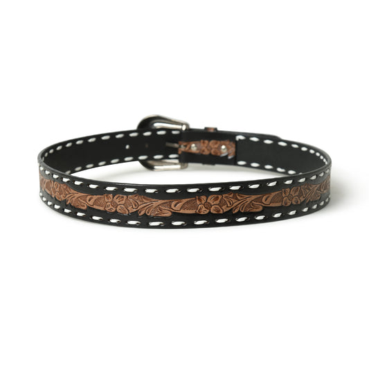 Black floral tooled leather belt with white buckstitch, view 2 of 5