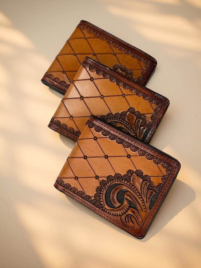 Hand-tooled diamond and scroll bifold leather wallet, view 3 of 5