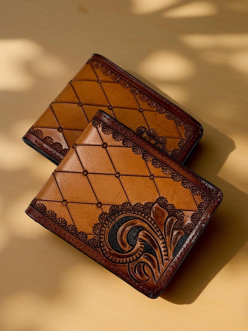 Hand-tooled diamond and scroll bifold leather wallet, view 4 of 5