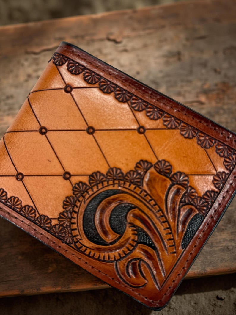 Hand-tooled diamond and scroll bifold leather wallet, view 5 of 5