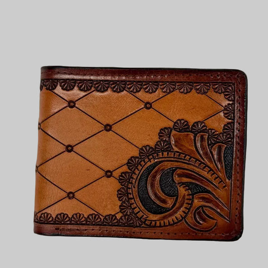 Hand-tooled diamond and scroll bifold leather wallet, wholesale from The Hide Leather