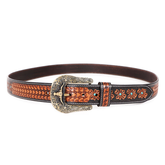 Brown tooled leather belt with turquoise accents, wholesale from The Hide Leather