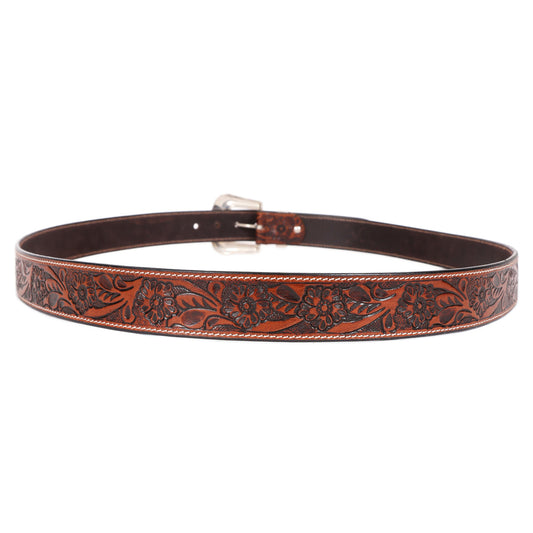 Brown floral tooled leather belt with engraved buckle, view 2 of 3