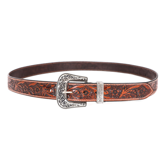Brown floral tooled leather belt with engraved buckle, wholesale from The Hide Leather