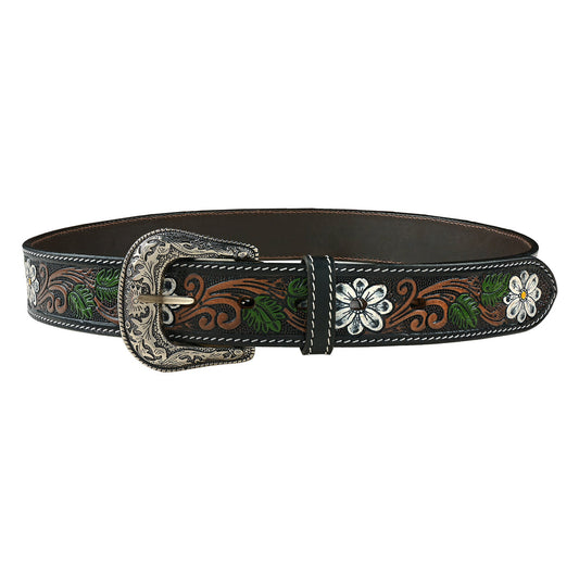 Hand-tooled floral leather belt with silver daisy conchos, wholesale from The Hide Leather