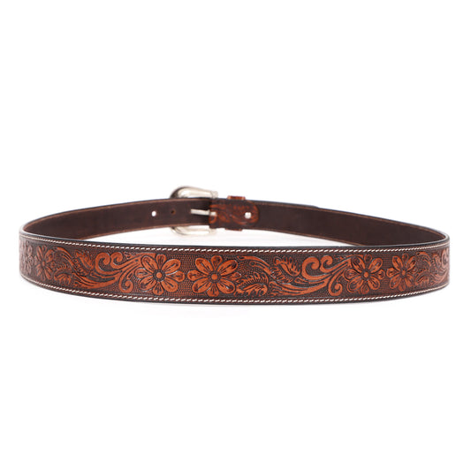 Brown floral tooled western belt with silver-tone buckle, view 2 of 3
