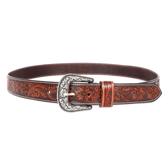 Brown floral tooled western belt with silver-tone buckle, wholesale from The Hide Leather