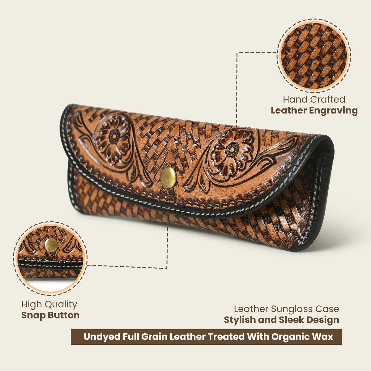 Basket weave tooled leather sunglasses case, view 6 of 8