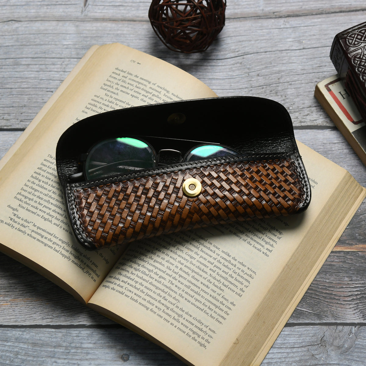 Basket weave tooled leather sunglasses case, view 4 of 8