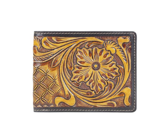 Golden brown floral tooled bifold wallet, wholesale from The Hide Leather