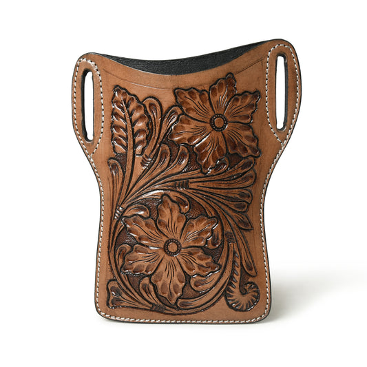 Brown floral tooled leather phone holster for belt, wholesale from The Hide Leather