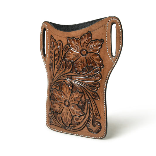 Brown floral tooled leather phone holster for belt, view 2 of 7