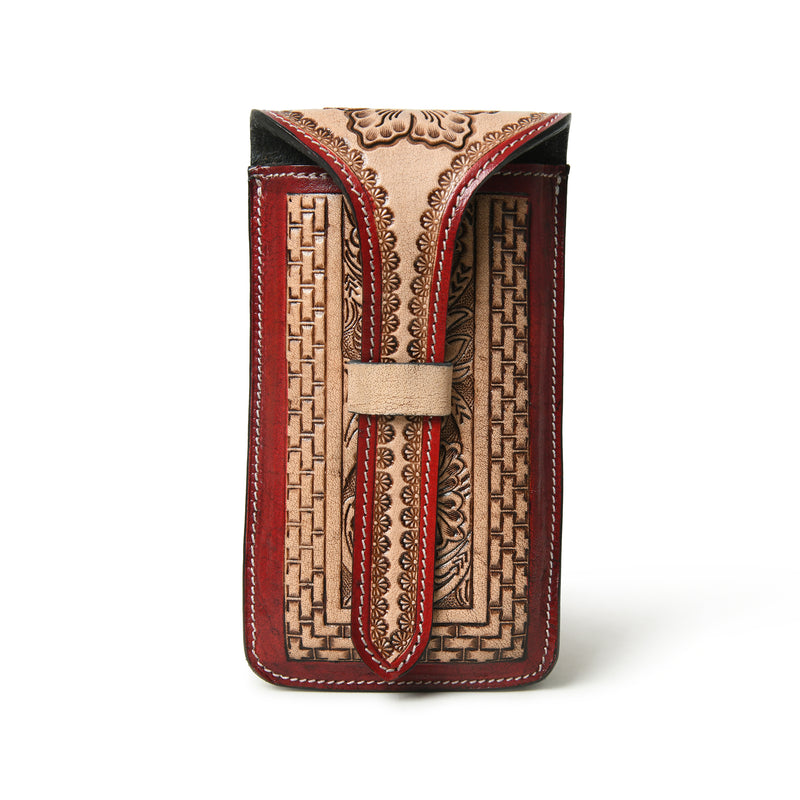 Burgundy floral tooled leather phone holster for belt, wholesale from The Hide Leather