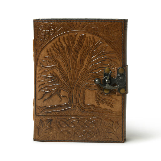 Brown Tree of Life engraved leather journal with metal clasp, wholesale from The Hide Leather