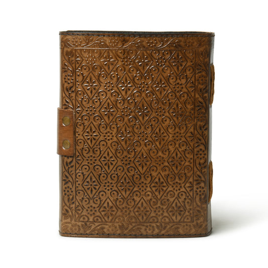 Brown Tree of Life engraved leather journal with metal clasp, view 2 of 5