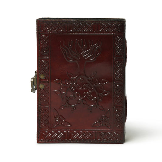 Burgundy Tree of Life embossed leather journal with metal clasp, wholesale from The Hide Leather